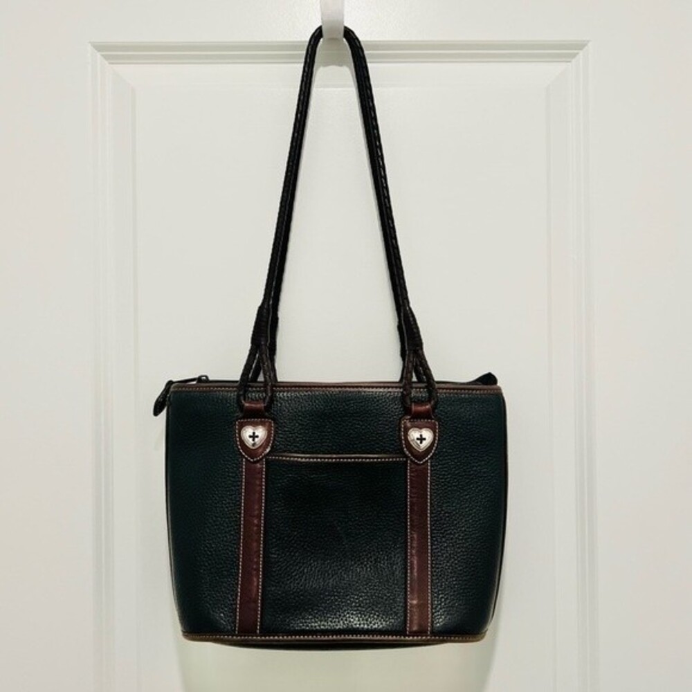 Brighton Vintage Medium Tote Black Pebble Grain Leather Brown Braided Straps